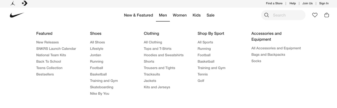 Nike Site Structure Of Categories And Sub-Categories